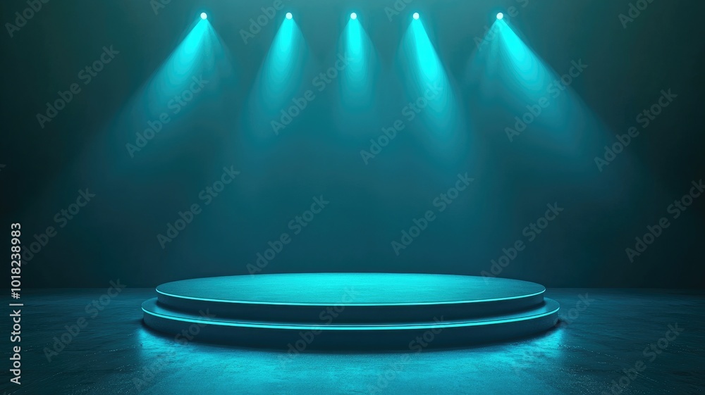 A Circular Platform Illuminated by Four Cyan Spotlights A Circular Platform Illuminated by Four Cyan Spotlights