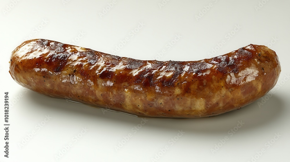 A perfectly grilled sausage rests on a neutral background, showcasing its golden-brown crust and juicy interior. The surface glistens, indicating mouthwatering flavor, ideal for a summer barbecue or p A perfectly grilled sausage rests on a neutral background, showcasing its golden-brown crust and juicy interior. The surface glistens, indicating mouthwatering flavor, ideal for a summer barbecue or p