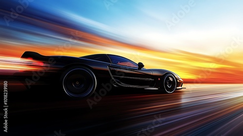 Black Sports Car Speeding on a Road at Sunset