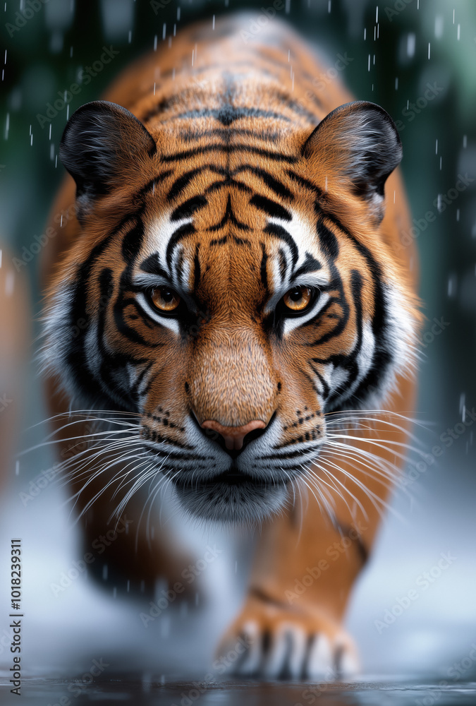 Naklejka premium Close-up of a tiger walking in the rain, showcasing its intense gaze and powerful stance, symbolizing strength, resilience, and the wild.