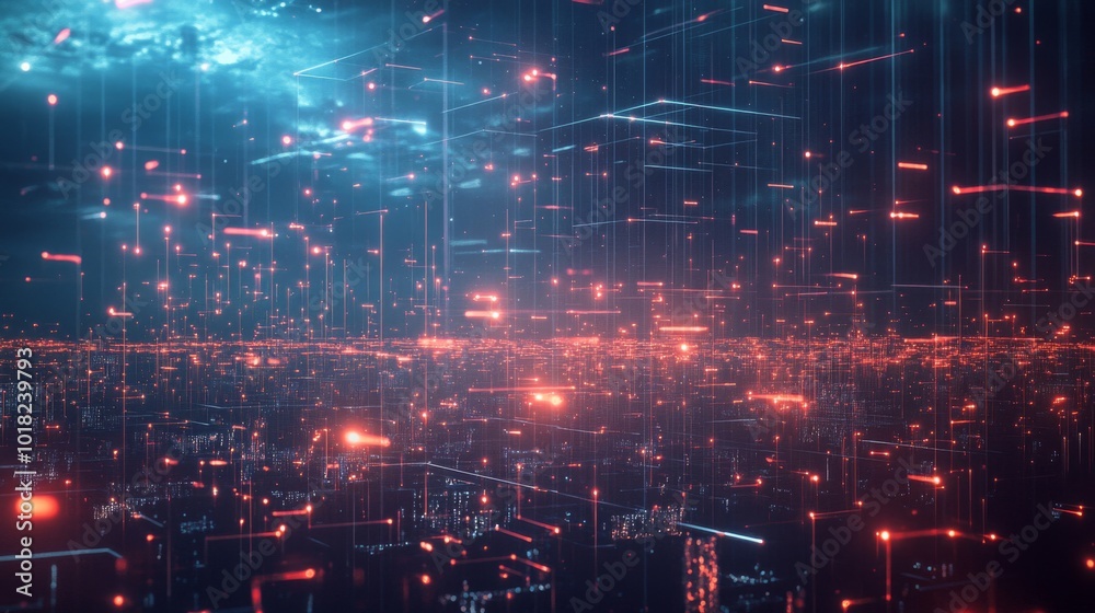 Fototapeta premium Abstract digital cityscape with red and blue glowing lines and points of light.