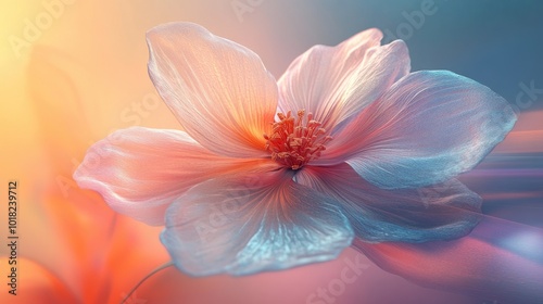 A beautiful 3D flower in full bloom, its petals delicately textured, set against a colorful dynamic background, creating a sense of motion