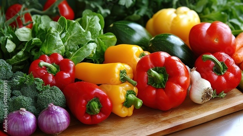 Freshly harvested colorful vegetables arranged on a wooden cutting board in a natural garden setting