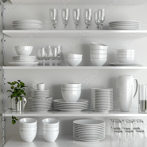 Dishware set in white shelving unit, tableware shelf, kitchen interior, clean white mugs, plates, glass tableware