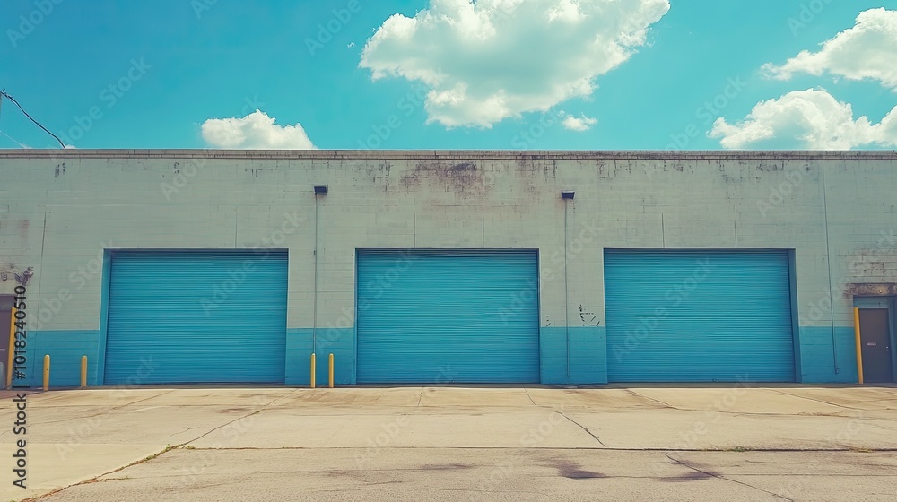 Fototapeta premium Blue warehouse with three oversized garage doors, standing tall under a sunny sky, capturing the essence of industrial architecture