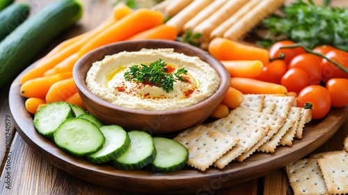 Fresh vegetable platter with hummus dip and crackers arranged for a healthy snack during a summer gathering