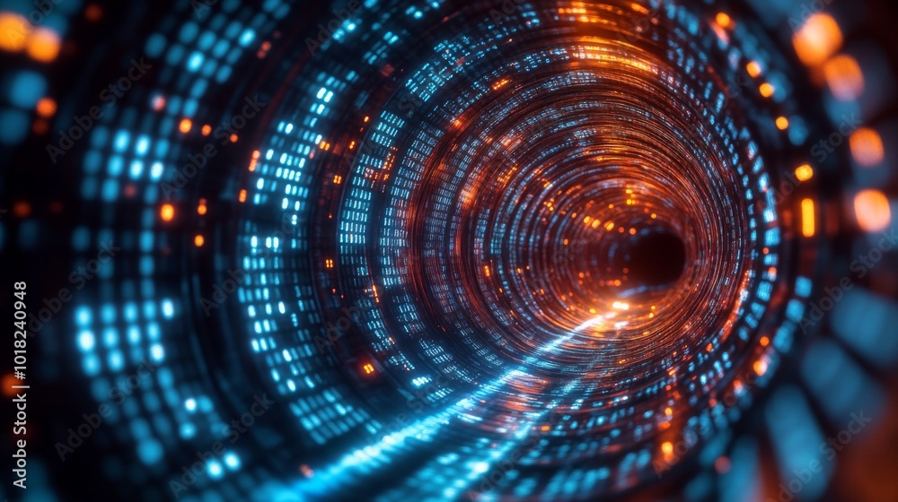 A glowing, swirling digital tunnel with orange and blue lights. A glowing, swirling digital tunnel with orange and blue lights.