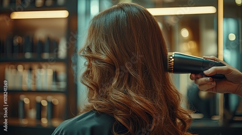 Woman getting her hair styled with a hot styling brush in a salon photo