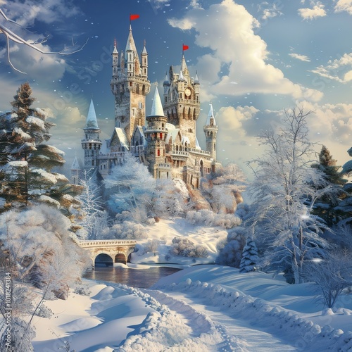 Old Castle Winter Landscape, Fantasy Kingdom Snow Landscape, Winter Castle, Copy Space