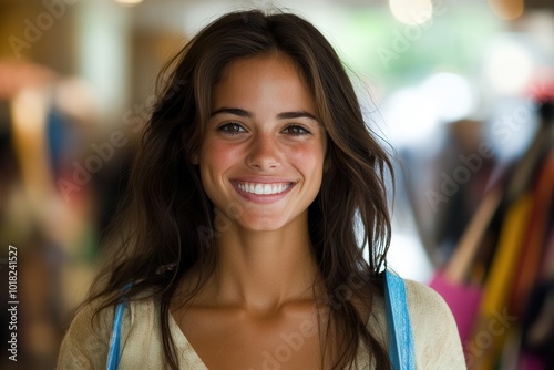 Free Download A young woman with long, flowing hair, captured in a lively shopping environment, beams warmly, conveying happiness and confidence, amidst blurred vibrant backgrounds. - GFXLoad