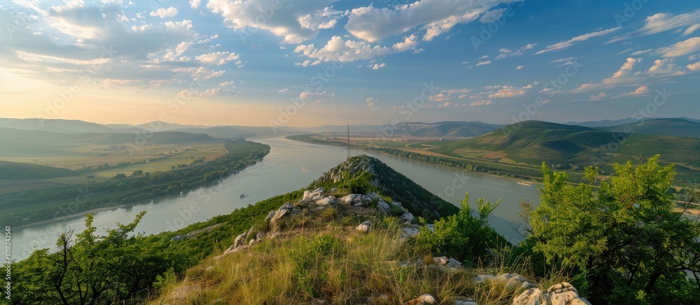 Fototapeta premium Stunning Aerial Landscape Featuring River and Mountain Silhouettes