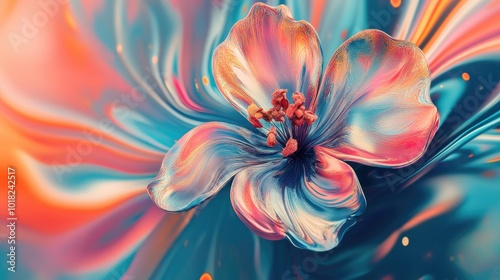 A vivid 3D abstract flower bloom with intricate petal designs, placed against a dynamic background of swirling colors and movement