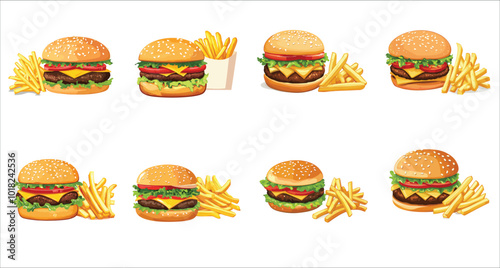 Burger and French fries fast food vector illustration, Fresh crispy fried chicken burger, Fast food hamburger with French fries, Tasty burger and French fries fast food vector
