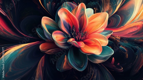 A vivid 3D abstract flower bloom with intricate petal designs, placed against a dynamic background of swirling colors and movement