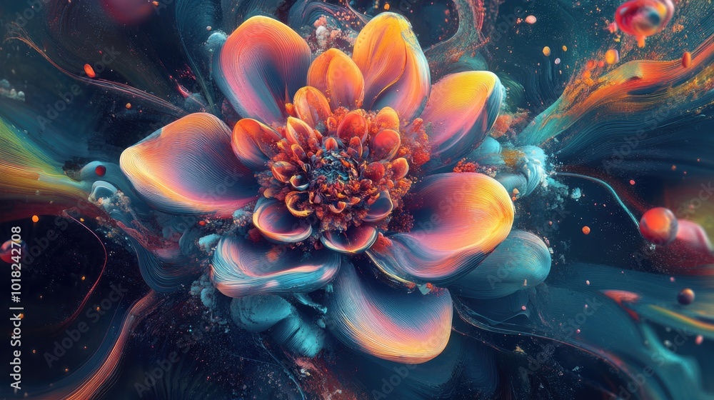 An abstract 3D blooming flower with intricate petal textures and vibrant colors, emerging from a dynamic and fluid background An abstract 3D blooming flower with intricate petal textures and vibrant colors, emerging from a dynamic and fluid background