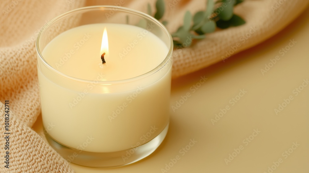 Relaxing scented candle with eucalyptus on soft beige background for aromatherapy and home decor Relaxing scented candle with eucalyptus on soft beige background for aromatherapy and home decor