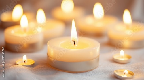 Relaxing spring with burning scented candles on white wooden surface – perfect for home decor and meditation