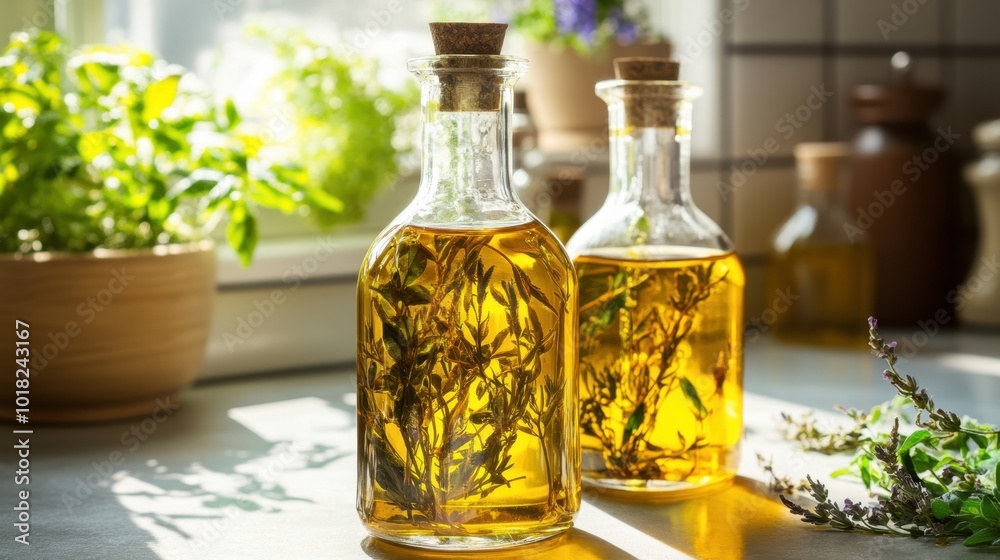 Homemade Herbal Infused Oils in Glass Bottles on Kitchen Counter Homemade Herbal Infused Oils in Glass Bottles on Kitchen Counter