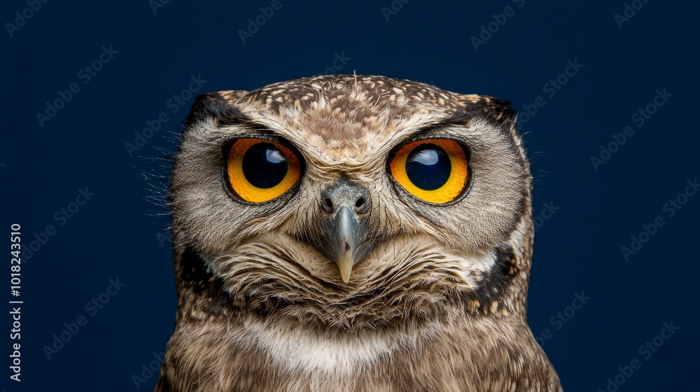 Close-up of a Eurasian Eagle Owl with Intense Orange Eyes, Detailed Feather Texture, Dark Blue Background Close-up of a Eurasian Eagle Owl with Intense Orange Eyes, Detailed Feather Texture, Dark Blue Background