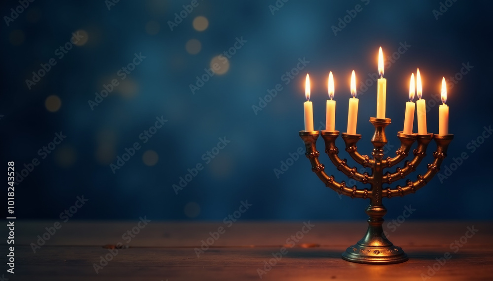 Hanukkah Menorah with Lit Candles Against Dark Blue Background Hanukkah Menorah with Lit Candles Against Dark Blue Background