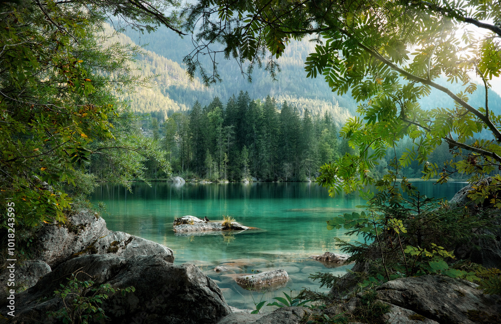 Idyllic view of a turquoise lake in Bavaria, Germany