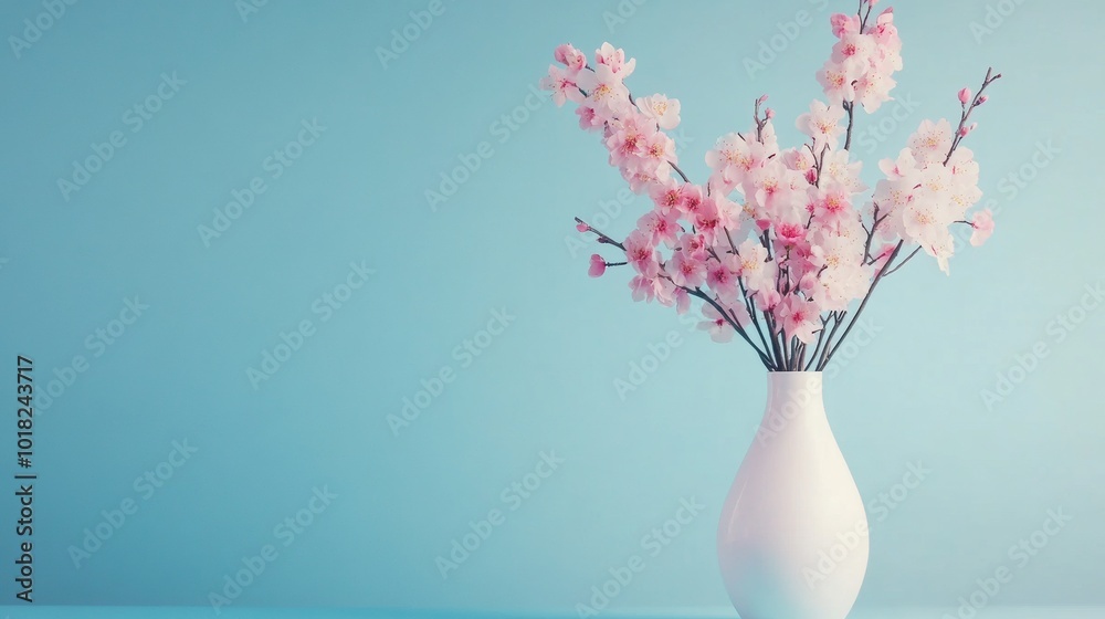 Pink flowers in a white vase contrast against a blue background in a minimalist style. Pink flowers in a white vase contrast against a blue background in a minimalist style.