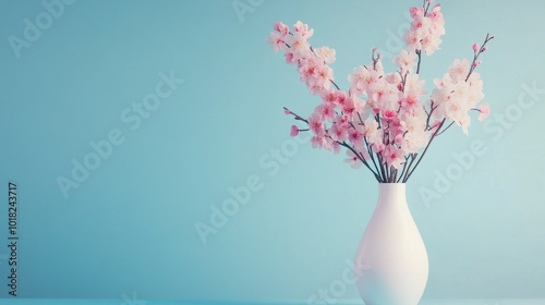 Pink flowers in a white vase contrast against a blue background in a minimalist style. 