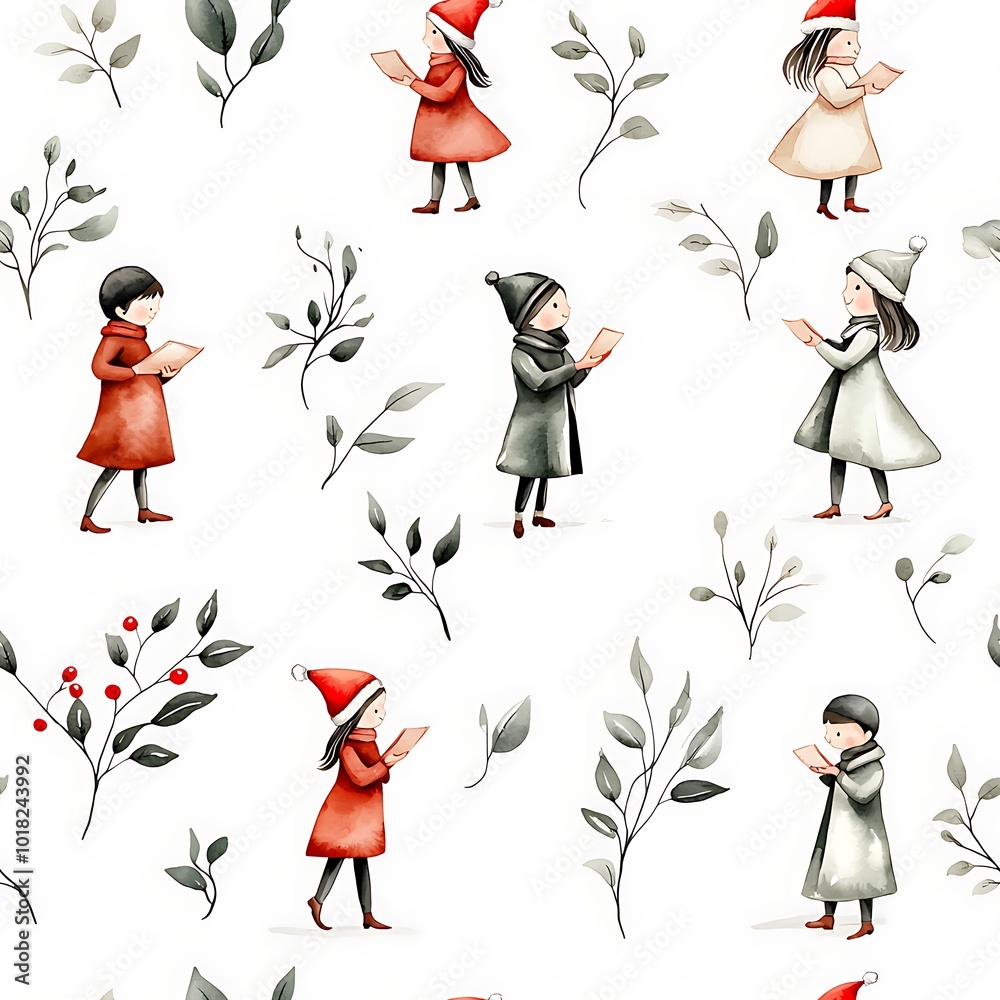 Naklejka premium Watercolor Christmas Carolers Seamless Pattern Holiday Illustration Festive Design