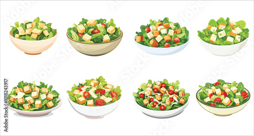 Fresh Caesar Salad Vector. Crisp Caesar Salad Illustration. Healthy Caesar Salad Vector. Set Of Delicious Caesar Salad