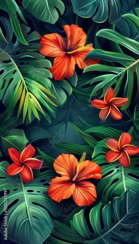 Vibrant hibiscus blooms emerge amidst lush tropical leaves, creating a colorful and serene garden ambiance in the afternoon light. Generative AI