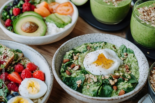 A vibrant spread of healthy dishes featuring greens, fruits, and grains, emphasizing freshness and nutritional balance. photo