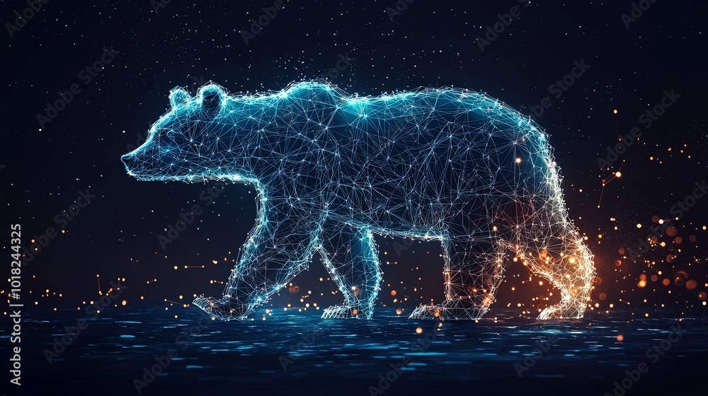 A visionary digital art piece depicts a bear illuminated with orange light as it traverses a space filled with digital sparks, symbolizing creative possibilities. A visionary digital art piece depicts a bear illuminated with orange light as it traverses a space filled with digital sparks, symbolizing creative possibilities.