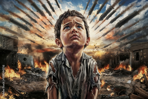 Heart-Wrenching Illustration of a Sad Child Gazing at a Sky Filled with Military Rockets – Powerful Depiction of War's Impact on Innocence
