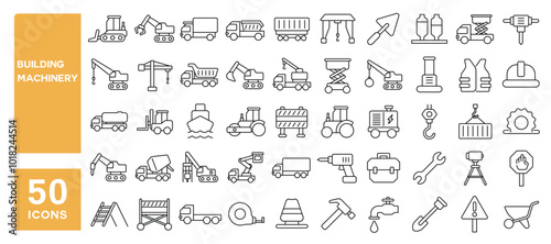 Set of 50 line icons related to building machinery, construction, vehicle, crane, excavator, bulldozer, tractor, cargo, loader, industrial, truck, Editable stroke. Vector illustration