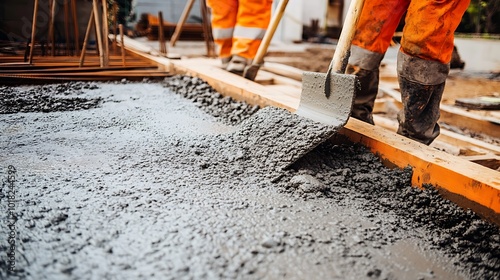 Construction Worker Spreading Concrete with a Shovel