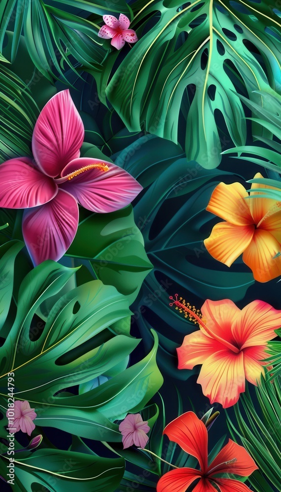 Naklejka premium Vibrant tropical leaves and brilliantly colored flowers create a stunning display of natural beauty, showcasing rich hues and intricate textures. Generative AI