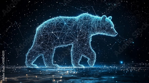 A mystical bear figure crafted from radiant digital patterns, set against a backdrop of starlight, portraying a balance between nature and technology. photo