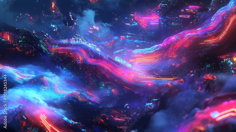 Fototapeta premium Abstract digital landscape with neon lights and swirling energy