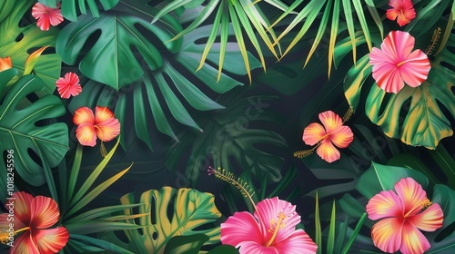 Lush tropical foliage bursts with vibrant flowers, showcasing nature's beauty in a tranquil garden bathed in sunshine. Generative AI