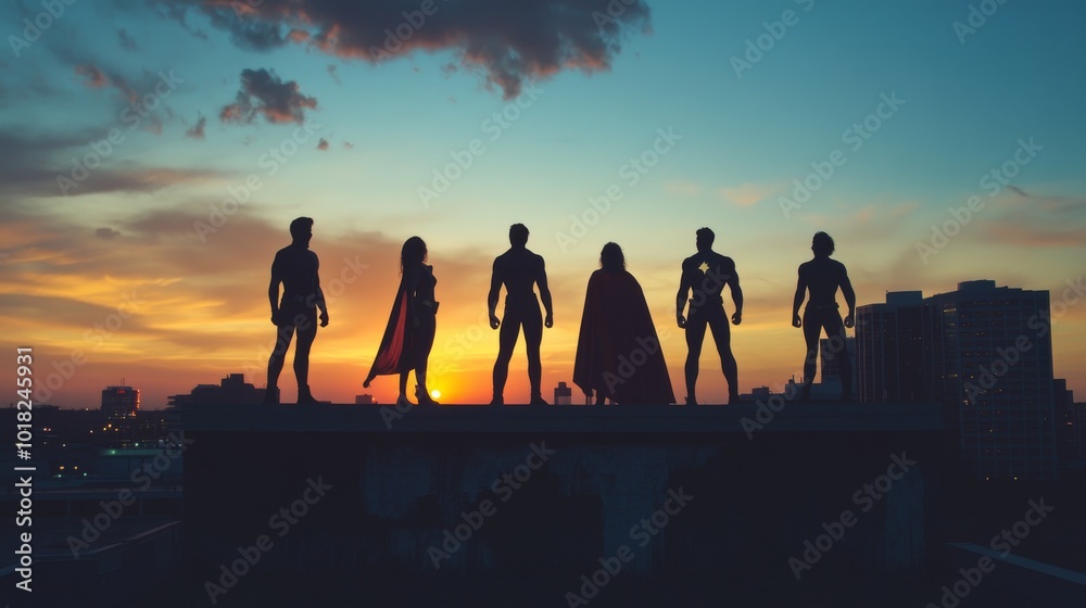 Fototapeta premium Superhero silhouettes posed on a rooftop, representing power and bravery. 