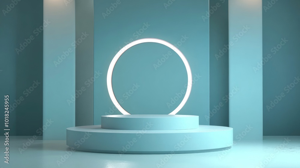 Minimalist Abstract Blue Cylinder Podium with Glowing Oval Light