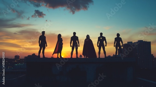 Superhero silhouettes posed on a rooftop, representing power and bravery. 