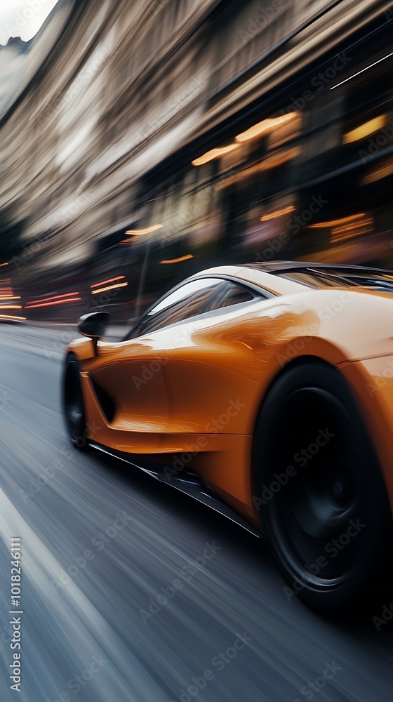 Orange Sports Car Speeding Through City Street With Motion Blur Orange Sports Car Speeding Through City Street With Motion Blur