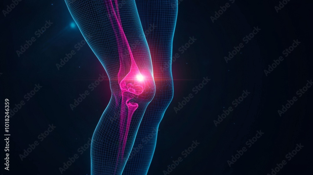 Throbbing knee pain from joint inflammation, highlighted on a black background in a realistic 3D vector. Throbbing knee pain from joint inflammation, highlighted on a black background in a realistic 3D vector.