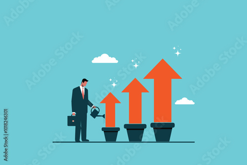 a businessman watering graphic plants in a flower pot
