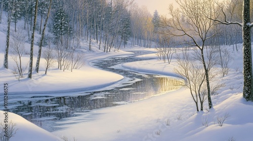 Serene Winter Stream Amid Snow-Covered Trees Landscape