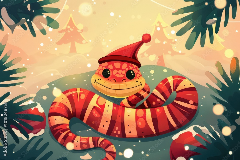 Naklejka premium Smiling snake wearing a Santa hat in snowy forest.