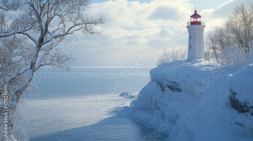Winter's Beacon: Snow-Covered Lighthouse Overlooking Serene Lake