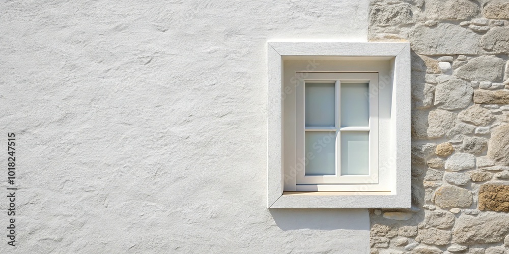 Minimalist white wall with single white framed window and stone trim, high angle view