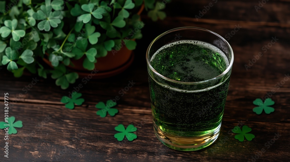 St. patrick’s day celebration with shamrock decorations and green beverage for festive design St. patrick’s day celebration with shamrock decorations and green beverage for festive design